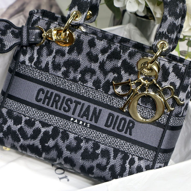 Dior Medium Lady D-Lite Bag Gray Leopard Mizza Embroidery