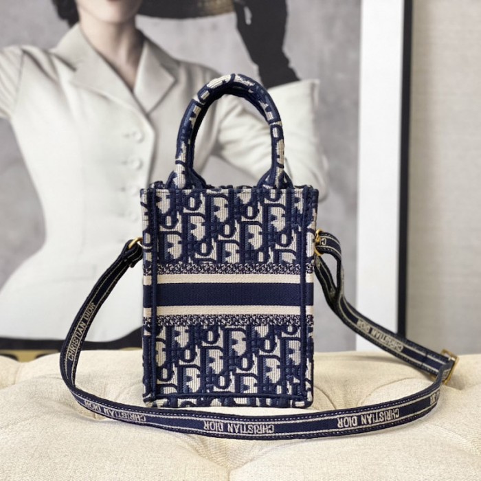 Mini Dior Book Tote Phone Bag Blue Dior Oblique Embroidery