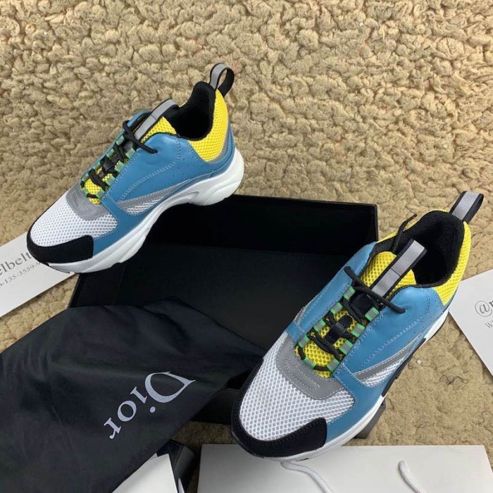 Dior B22 Trainer In White Technical Knit and blue Calfskin
