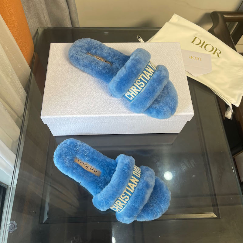 Dior Chez Moi Slide Bright Blue Cotton Embroidery and White Shearling