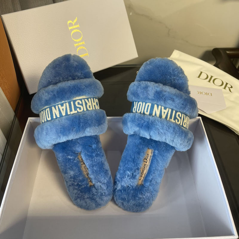 Dior Chez Moi Slide Bright Blue Cotton Embroidery and White Shearling