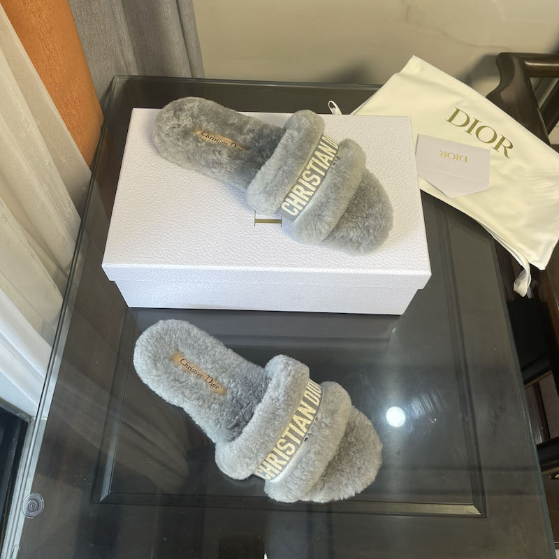 Dior Chez Moi Slide Grey Cotton Embroidery and White Shearling