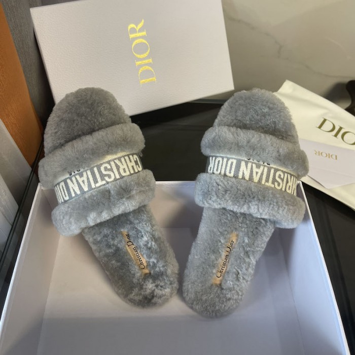 Dior Chez Moi Slide Grey Cotton Embroidery and White Shearling