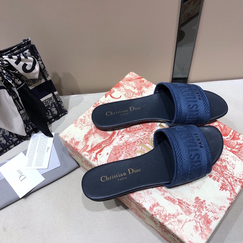 Dior Dway Slide Multicolor Embroidered Cotton Navy