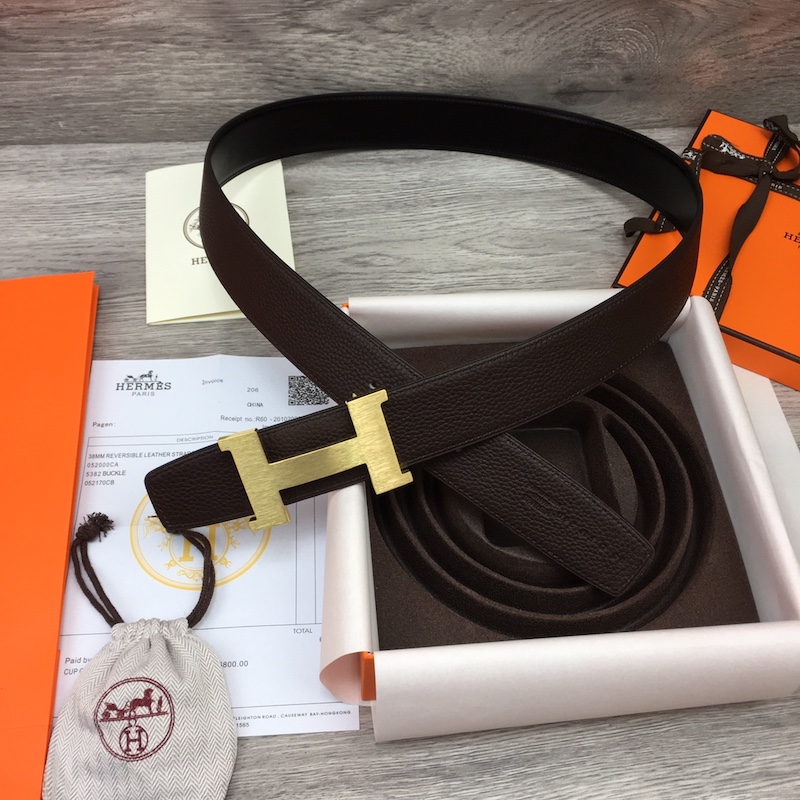 Hermes Men's Reversible Togo Leather 38MM Belt Chocolate / Gold