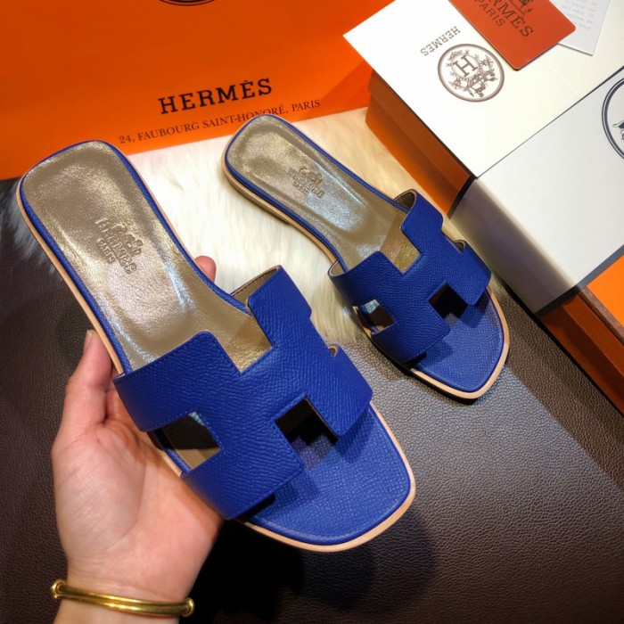 Hermes Women Oran Sandals in Epsom Leather Electric Blue