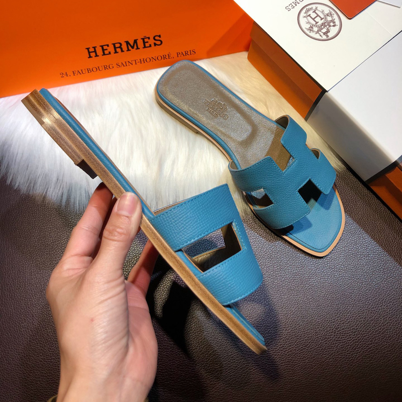 Hermes Women Oran Sandals in Epsom Leather Blue Jean
