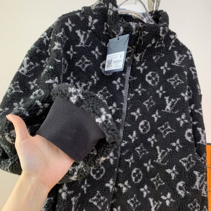 Louis Vuitton LV Monogram Fleece Full Logo Zipper Jacket Unisex Black 1A5VFA