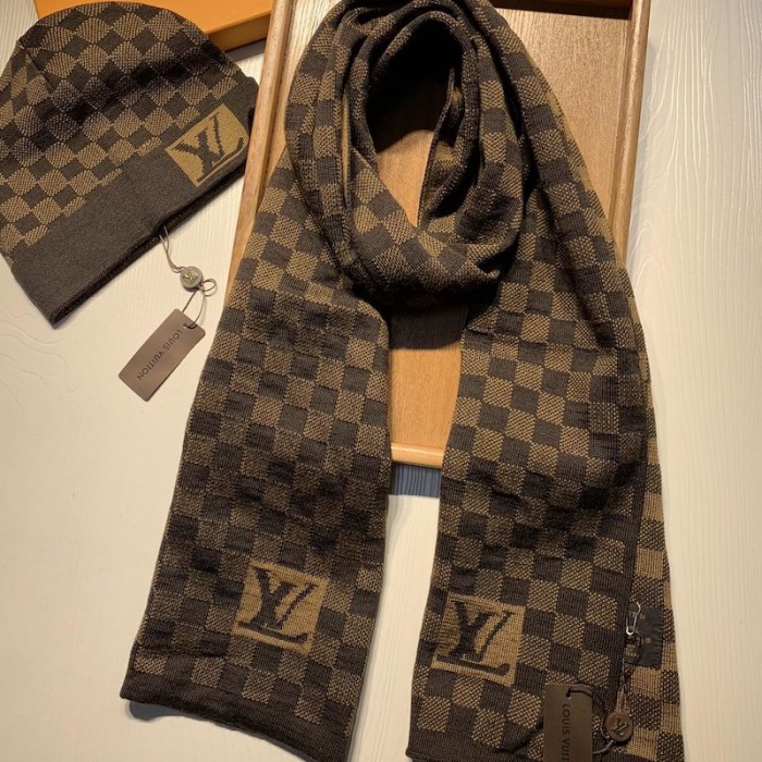 LV Petit Damier Scarf and Beanie wool set Brown