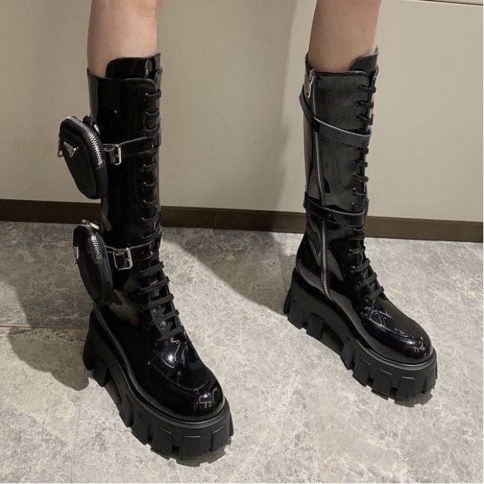 Prada Monolith Patent Leather High Boots Black