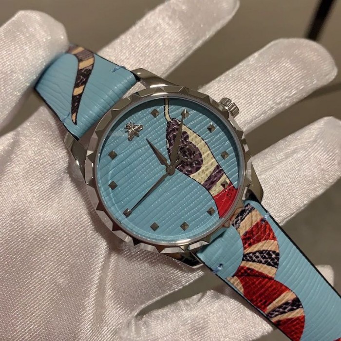 Gucci Blue Leather G-Timeless Watch 38MM with Snake Print