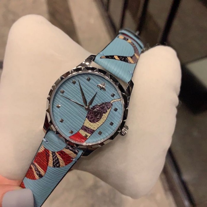 Gucci Blue Leather G-Timeless Watch 38MM with Snake Print