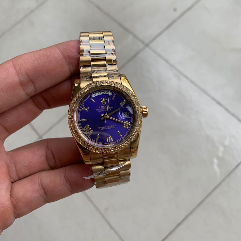Rolex 18K Yellow Gold Diamond 40 MM Watch Blue Face