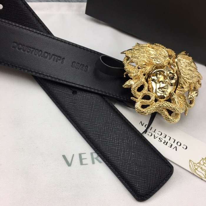 Versace Medusa Snake Wings Palm Leather Belt Black/Gold