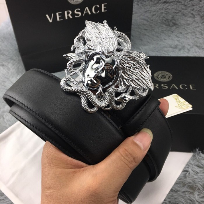 Versace Medusa Snake Wings Leather Belt Black/Silver