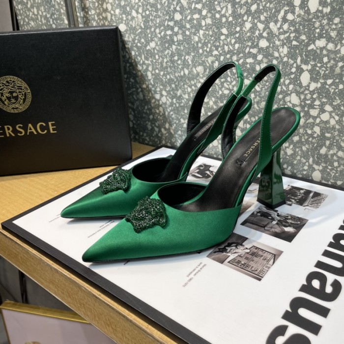 Versace Crystal La Medusa Satin Sling-Back Pumps Green