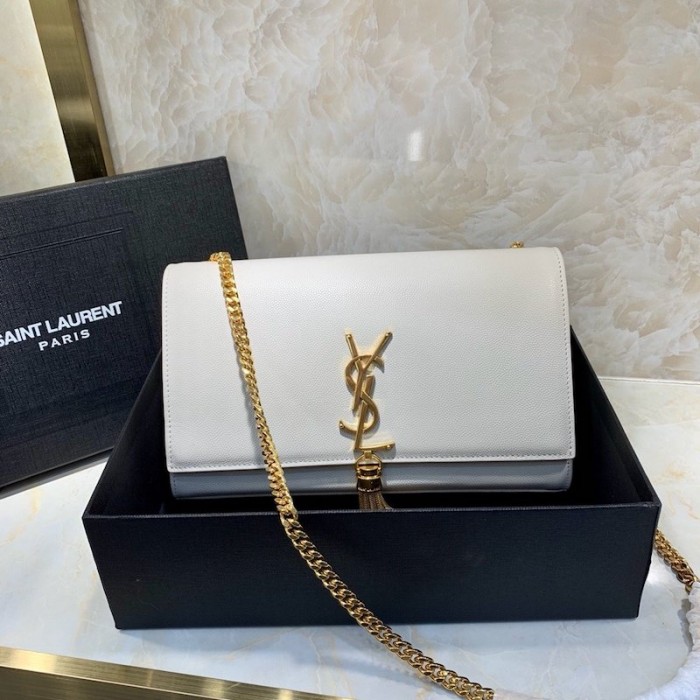 YSL Kate Medium Bag in Textured Leather White